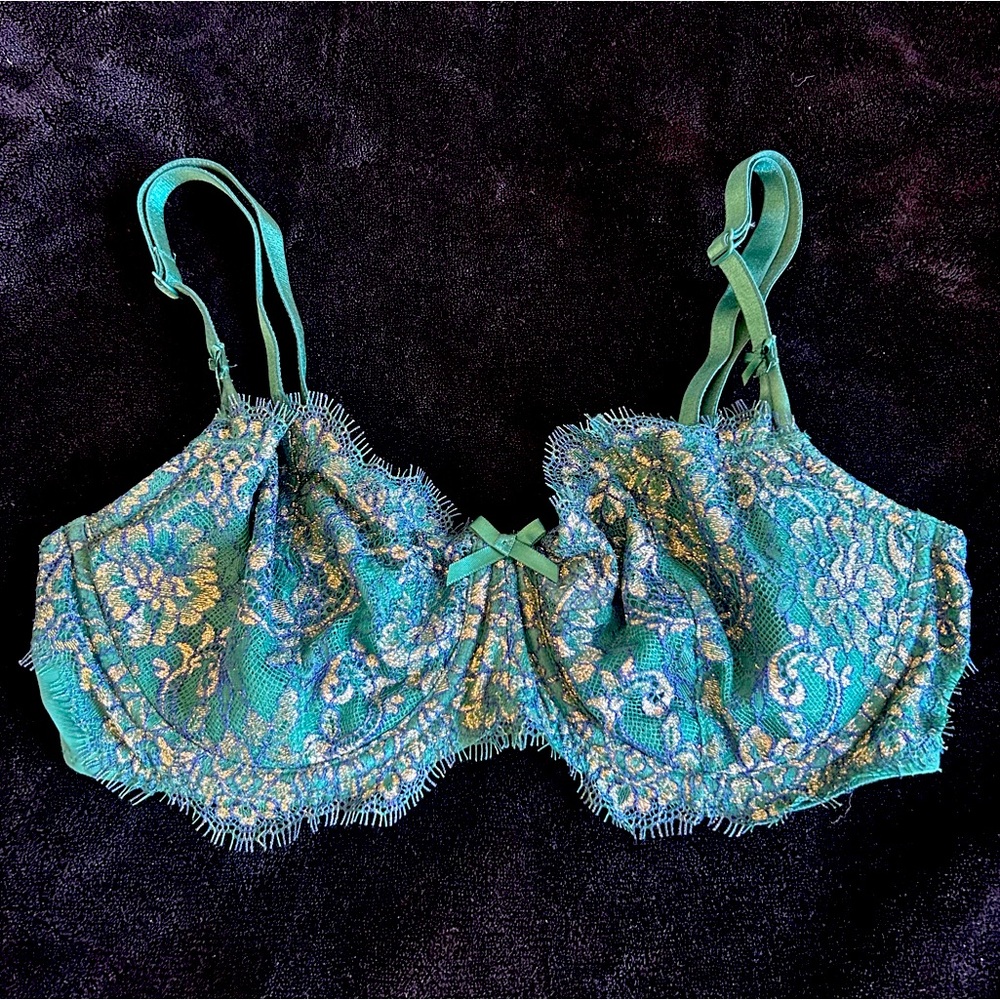 Victorias Secret Green with Metallic Gold Lace Bra Size: 34D